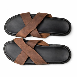 Mens Brown Leather Cross Strap Slip On Sandals