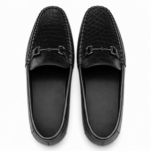 Black Textured Slip On Loafers for Men