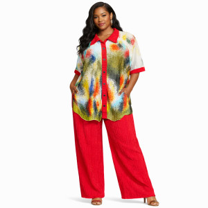 Abstract Print Pleated Button Front Two Piece Outfit