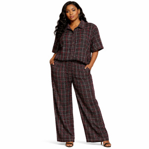 Textured Plaid Button Front Lounge Set
