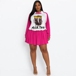 Ladies Graphic Milk Tea Top & Pleated Skirt Set