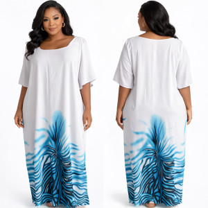 White and Blue Abstract Print Maxi Dress