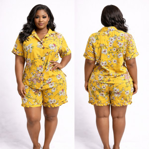 Womens Yellow Floral Shirt and Shorts Set
