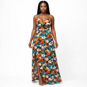 Elegant Floral Halter Neck Midi Dress