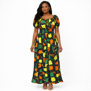 Abstract Print Puff Sleeve Maxi Dress