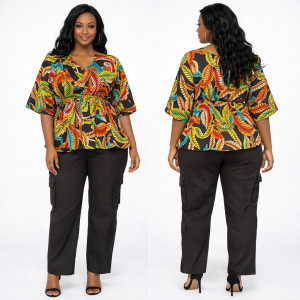 Tropical Leaf Print Womens Peplum Top with Black Cargo Pants
