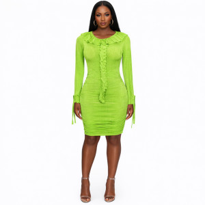 Lime Green Ruched Ruffle Long Sleeve Bodycon Dress