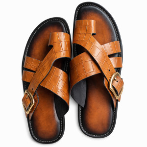 Mens Brown Leather Cross Strap Sandals