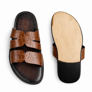 Mens Brown Crocodile Texture Leather Sandals