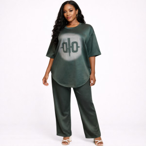 Green Graphic Top and Wide  Leg Pants Two Piece Set