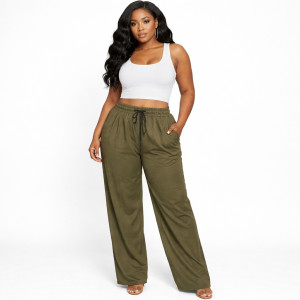 Olive Green Elastic Waist Wide Leg Pants