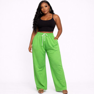 Green Elastic Waist Wide Leg Casual Pants
