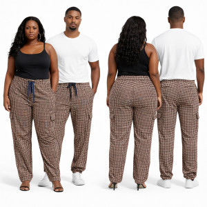 Unisex Brown Checkered Drawstring Casual Pants