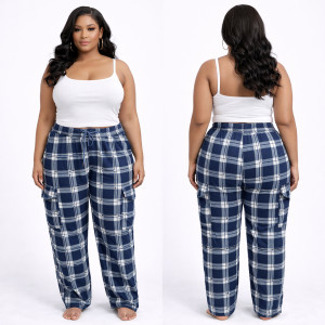 Women Blue Plaid Drawstring Casual Pants