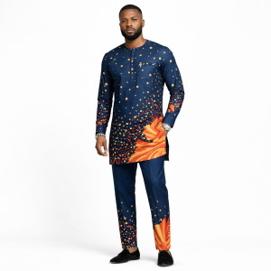 Navy Blue Ankara Fabric with Gold Dot and Floral Pattern