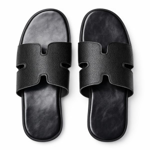 Mens Black Leather Slide Sandals   Open Toe Flat Slip On Slippers