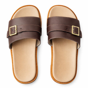Brown Adjustable Double Strap Buckle Slide Sandal