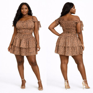 Leopard Print Off Shoulder Two Piece Skirt Set