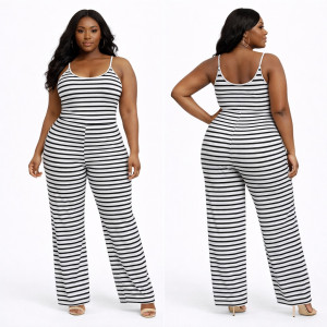 Womens Striped white and black Sleeveless wide leg two piece set