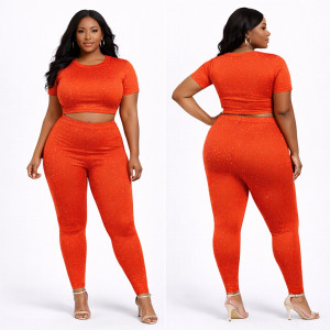Women Orange Ribbed Two Piece Pants Set
