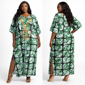Green Patterned Kaftan Maxi Dress with Embellished Detail