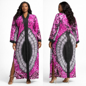 Pink & Black Patterned Long Sleeve Kaftan Dress