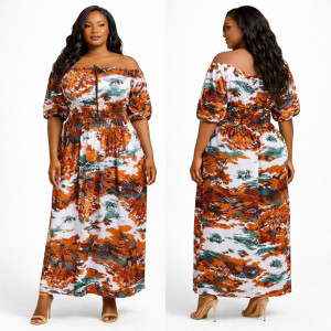 Off Shoulder Printed Midi Dress with Smocked Waist