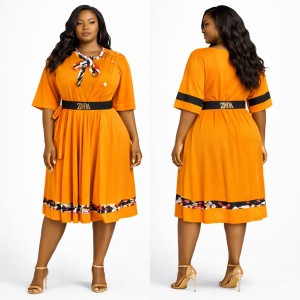 Orange Flare Mini Dress with Neck Scarf and Belt Detail