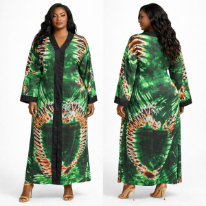 Green Tie Dye Long Sleeve Kaftan Dress