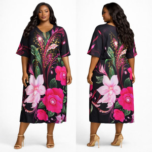 Black Floral Embellished Kaftan Midi Dress
