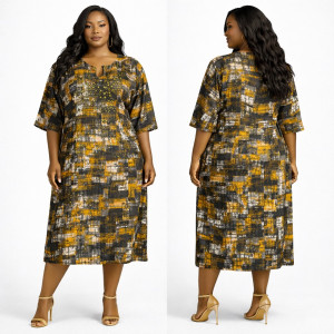 Abstract Print Embellished Maxi Kaftan Dress