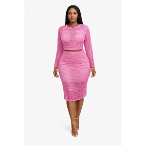 Pink Lace Two Piece Skirt Set with Long Sleeve Top