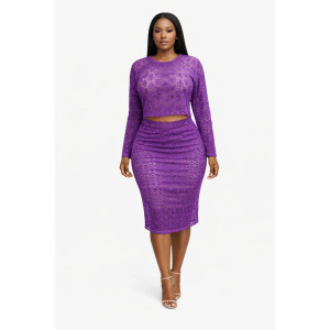Purple Lace Two Piece Skirt Set with Long Sleeve Crop Top & Midi Skirt