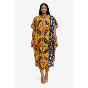 Multicolor African Print Kaftan Dress with Tassel Detail