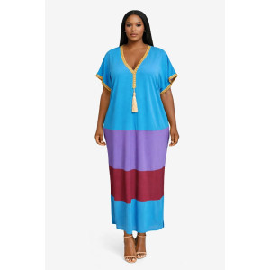 Color Block Maxi Kaftan Dress with Tassel Detail