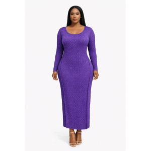 Purple Long Sleeve Ribbed Midi Dress