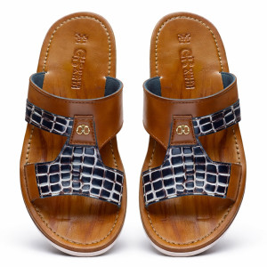 Mens Brown Croc Embossed Leather Slide Sandal