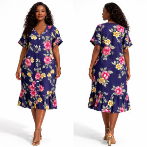 Navy Bloom Button Front Midi Dress