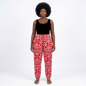 Red and White Patterned Elastic Waist Trousers