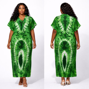 Womens Green Tie Dye Kaftan Maxi  Dress with Tassel Detail
