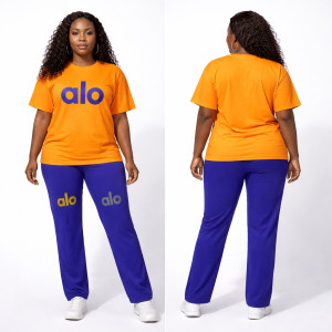 Womens Orange Graphic TShirt and Blue Pants Two Piece Casual Set