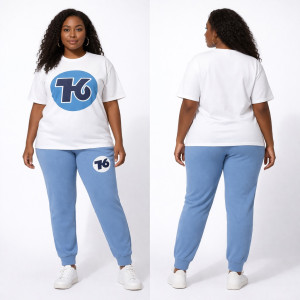 Womens White Logo TShirt and Blue Pants Two Piece Casual Set