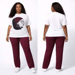 Womens White Graphic T Shirt and Burgundy Pants Two Piece Casual Set