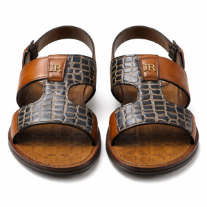 Mens Brown Leather Sandal with CrocTextured Strap and Adjustable Ankle Buckle