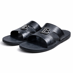 Mens Black Croc  Textured Slide Sandals with Metal Logo Detail