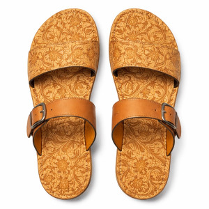 Mens Brown Leather Sandal with  Full Embossed Floral Design and Adjustable Strap