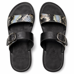Mens Black Leather Sandal with Snakeskin  Pattern Strap and Buckle Closure