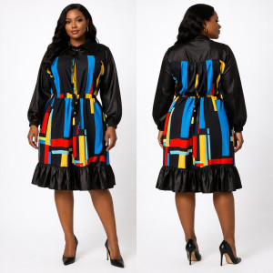 Black  Mixed Print Midi Dress with  Faux Leather  Detail and Ruffle Hem