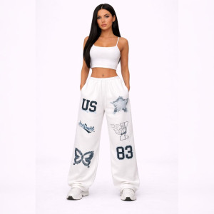 White Loose Fitting Graphic Sweatpants with Drawstring Waistband