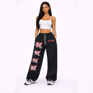 Black Sweatpants with Butterfly Prints and Text Detail
